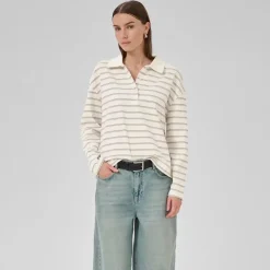 My Essential Wardrobe AnnaMW LS Polo Blouse Snow White Stripe^Dame Overdele