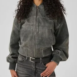 My Essential Wardrobe MattyMW Leather Bomber Jacket Medium Grey Retro Wash^Dame Overtøj